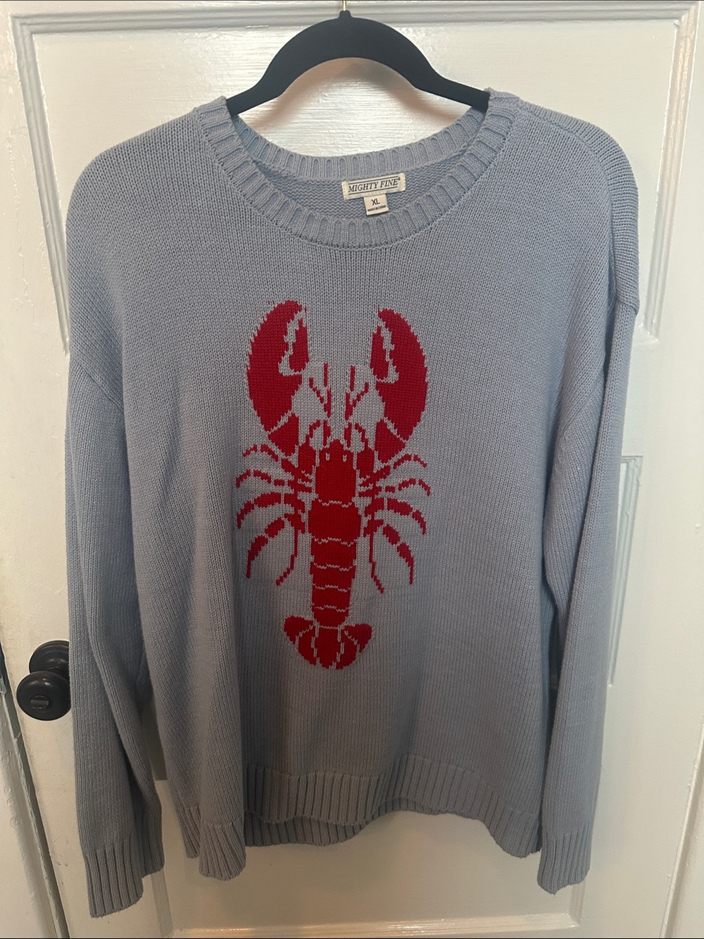Mighty Fine Light Blue Sweater with Red Lobster Motif